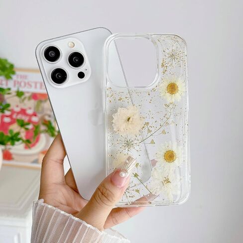 JANDM Real Flower Case for iPhone 16 Pro,Clear Soft Flexible Rubber Pressed Dry Real Flower Girls Women Glitter Floral Case for iPhone 16 Pro -Daisy in Saudi Arabia