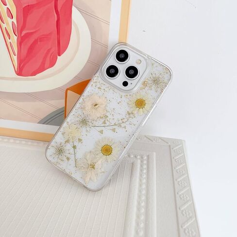 JANDM Real Flower Case for iPhone 16 Pro,Clear Soft Flexible Rubber Pressed Dry Real Flower Girls Women Glitter Floral Case for iPhone 16 Pro -Daisy in Saudi Arabia