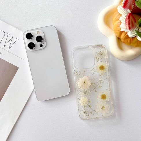 JANDM Real Flower Case for iPhone 16 Pro,Clear Soft Flexible Rubber Pressed Dry Real Flower Girls Women Glitter Floral Case for iPhone 16 Pro -Daisy in Saudi Arabia