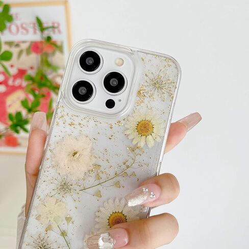JANDM Real Flower Case for iPhone 16 Pro,Clear Soft Flexible Rubber Pressed Dry Real Flower Girls Women Glitter Floral Case for iPhone 16 Pro -Daisy in Saudi Arabia
