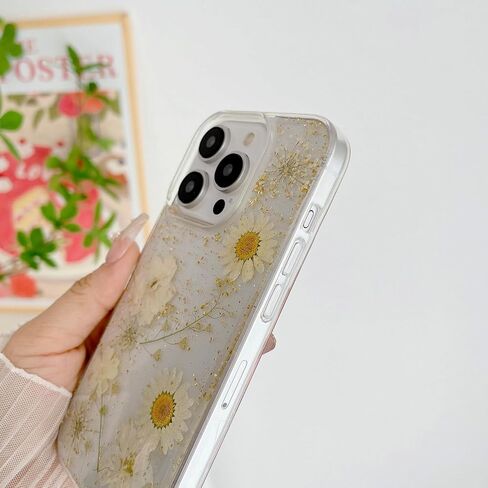 JANDM Real Flower Case for iPhone 16 Pro,Clear Soft Flexible Rubber Pressed Dry Real Flower Girls Women Glitter Floral Case for iPhone 16 Pro -Daisy in Saudi Arabia