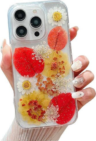 حافظة JANDM Real Flower لهاتف iPhone 16 Pro، حافظة شفافة ناعمة ومرنة من المطاط المضغوط الجاف على شكل زهرة حقيقية للفتيات والنساء حافظة زهور لامعة لهاتف iPhone 16 Pro - زهرة الأقحوان in Kuwait