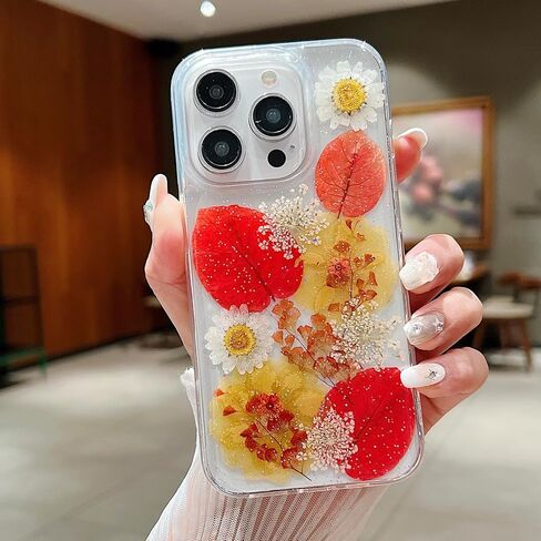 حافظة JANDM Real Flower لهاتف iPhone 16 Pro، حافظة شفافة ناعمة ومرنة من المطاط المضغوط الجاف على شكل زهرة حقيقية للفتيات والنساء حافظة زهور لامعة لهاتف iPhone 16 Pro - زهرة الأقحوان in Kuwait