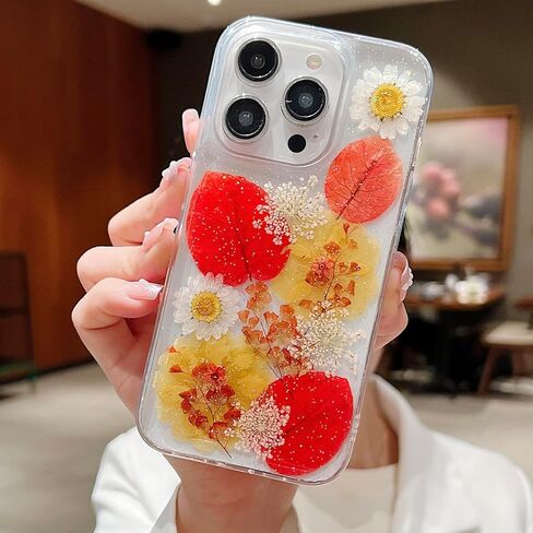 حافظة JANDM Real Flower لهاتف iPhone 16 Pro، حافظة شفافة ناعمة ومرنة من المطاط المضغوط الجاف على شكل زهرة حقيقية للفتيات والنساء حافظة زهور لامعة لهاتف iPhone 16 Pro - زهرة الأقحوان in Kuwait