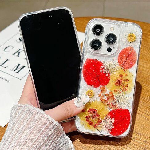 حافظة JANDM Real Flower لهاتف iPhone 16 Pro، حافظة شفافة ناعمة ومرنة من المطاط المضغوط الجاف على شكل زهرة حقيقية للفتيات والنساء حافظة زهور لامعة لهاتف iPhone 16 Pro - زهرة الأقحوان in Kuwait