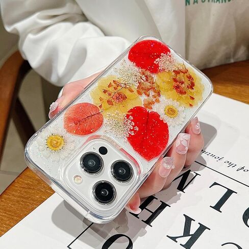 حافظة JANDM Real Flower لهاتف iPhone 16 Pro، حافظة شفافة ناعمة ومرنة من المطاط المضغوط الجاف على شكل زهرة حقيقية للفتيات والنساء حافظة زهور لامعة لهاتف iPhone 16 Pro - زهرة الأقحوان in Kuwait