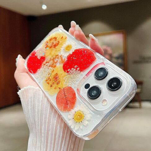 حافظة JANDM Real Flower لهاتف iPhone 16 Pro، حافظة شفافة ناعمة ومرنة من المطاط المضغوط الجاف على شكل زهرة حقيقية للفتيات والنساء حافظة زهور لامعة لهاتف iPhone 16 Pro - زهرة الأقحوان in Kuwait