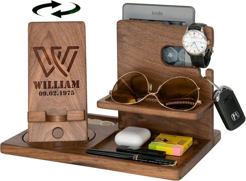 Elegant Gifts for Men: Dad's Nightstand Organizer, Birthday & Father's Day Ideas, Watch Storage, Rotating Wooden Docking Station, Ideal for Husband, Wife, Mom, and Women in Saudi Arabia