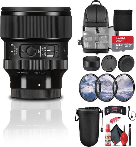 عدسة سيجما 85 ملم f/1.4 DG DN Art لهاتف Sony E (322965) الحزمة: بطاقة ذاكرة 64 جيجابايت، قارئ بطاقات، حقيبة ظهر، غطاء عدسة، غطاء عدسة، حقيبة عدسة، مجموعة مرشح 3 قطع، مجموعة تنظيف كاملة، حافظة غطاء، و أكثر in Saudi Arabia