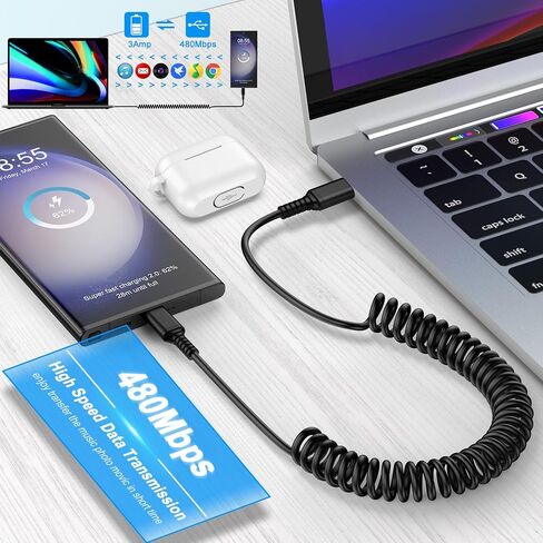 USB C إلى USB C كابل شاحن سيارة 6FT شحن سريع ملفوف سلك الطاقة قابل للسحب هاتف Android لهاتف Samsung Galaxy A15 5G S24 Ultra A55 A35 S23 FE Plus A25 A54 A14 A13 Z Fold Flip 5 Pixel 8 7 iPhone 15 in Kuwait
