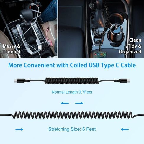 USB C إلى USB C كابل شاحن سيارة 6FT شحن سريع ملفوف سلك الطاقة قابل للسحب هاتف Android لهاتف Samsung Galaxy A15 5G S24 Ultra A55 A35 S23 FE Plus A25 A54 A14 A13 Z Fold Flip 5 Pixel 8 7 iPhone 15 in Kuwait