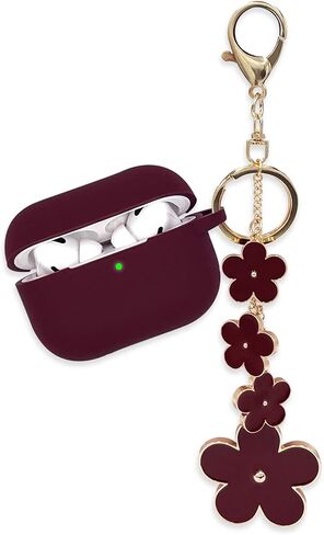 AirPods Pro Case Silicone AirPods Pro Case Cover with Keychain Cute Apple AirPods Pro Protective Case with Enameled Flower Keychain (Burgundy) in Saudi Arabia