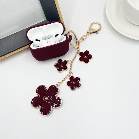 AirPods Pro Case Silicone AirPods Pro Case Cover with Keychain Cute Apple AirPods Pro Protective Case with Enameled Flower Keychain (Burgundy) in Saudi Arabia