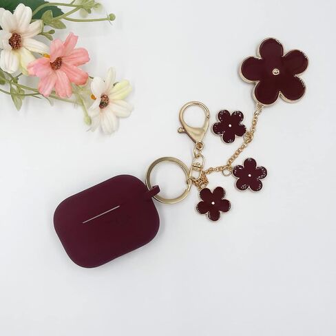 AirPods Pro Case Silicone AirPods Pro Case Cover with Keychain Cute Apple AirPods Pro Protective Case with Enameled Flower Keychain (Burgundy) in Saudi Arabia