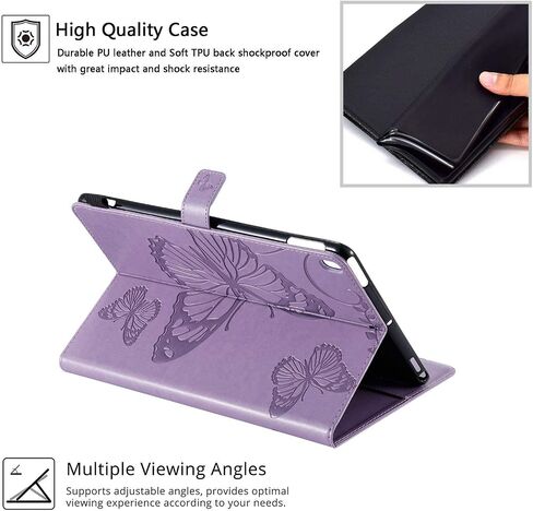 حافظة لجهاز iPad 9th/8th/7th من الجيل 10.2 بوصة 2021/2020/2019، حافظة iPad Air 3rd Gen 10.5 بوصة 2019 وPro 10.5 مع حامل/حامل قلم رصاص [تنبيه/غفو تلقائي] غطاء جلد PU منقوش، فراشة أرجوانية in Kuwait