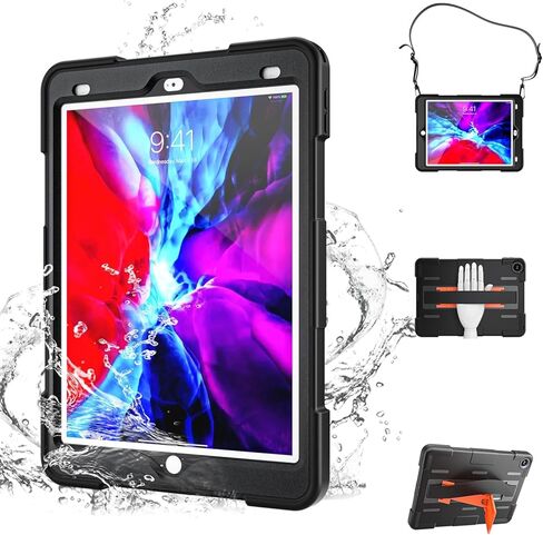 حافظة لجهاز iPad 9th/ 8th/ 7th Generation 10.2 بوصة IP68 مقاومة للماء، مقاومة للسقوط من الدرجة العسكرية، مقاومة للصدمات لكامل الجسم مع واقي شاشة وحامل وحزام يد 10.2 بوصة (أسود) in Kuwait