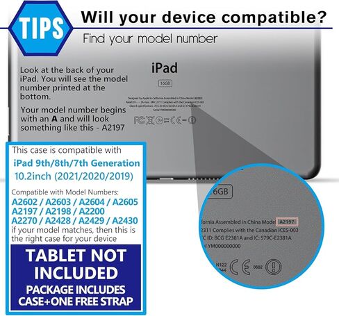 حافظة لجهاز iPad 9th/ 8th/ 7th Generation 10.2 بوصة IP68 مقاومة للماء، مقاومة للسقوط من الدرجة العسكرية، مقاومة للصدمات لكامل الجسم مع واقي شاشة وحامل وحزام يد 10.2 بوصة (أسود) in Kuwait