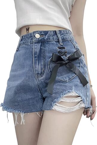 RILGOU Women Y2K Harajuku Style Kawaii Pastel Goth Fashion Casual A-Line Vintage Ribbon Ripped Trim Jeans Shorts in Saudi Arabia