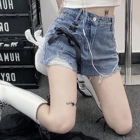 RILGOU Women Y2K Harajuku Style Kawaii Pastel Goth Fashion Casual A-Line Vintage Ribbon Ripped Trim Jeans Shorts in Saudi Arabia