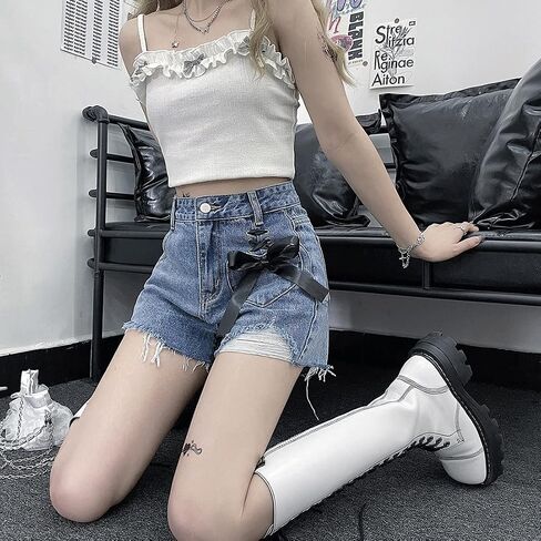 RILGOU Women Y2K Harajuku Style Kawaii Pastel Goth Fashion Casual A-Line Vintage Ribbon Ripped Trim Jeans Shorts in Saudi Arabia