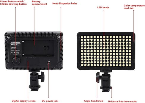 176 مصباح فيديو LED على الكاميرا مصباح تعبئة صغير قابل لإعادة الشحن قابل للتعتيم، مناسب لكاميرات DSLR، وضعين لإمداد الطاقة، يتضمن بطاقات ملونة in Saudi Arabia
