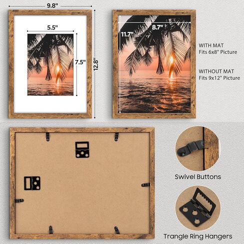 Space Art Deco 9x12 Picture Frame for 6x8 with Mat or 9x12 without Mat - Engineered Wood Photo Frame with Plexiglass - Wall Mounting Photo Frames for Wall or Tabletop Display - Set of 4 in Kuwait