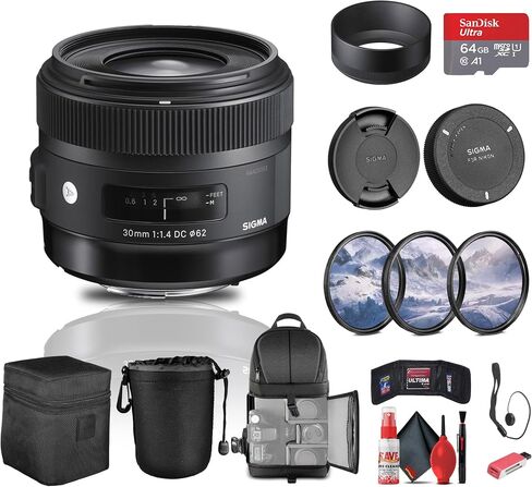 مجموعة عدسة Sigma 30mm f/1.4 DC HSM Art لكاميرا Nikon F (301-306) مع بطاقة ذاكرة سعة 64 جيجابايت، وقارئ بطاقات، ومجموعة مرشحات مكونة من 3 قطع، وحقيبة عدسة، وحقيبة ظهر، ومجموعة تنظيف كاملة، وغطاء عدسة، وحقيبة عدسة، والمزيد in Saudi Arabia