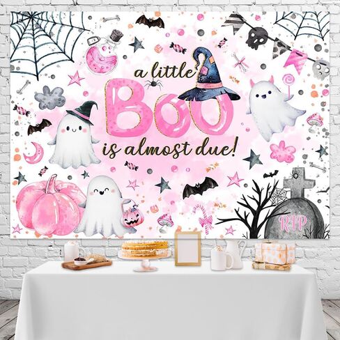 Mocsicka Halloween Baby Shower Backdrop A Little Boo is Almost Due Baby Shower Banner Decorations Cute Ghost Halloween Boo Baby Party Backdground Decorations (Pink, 7x5ft) in Saudi Arabia