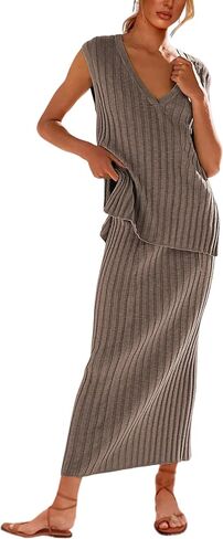 IQSQSQ Women's 2 Piece Sweater Outfits Sleeveless V Neck Knit Vest Tops High Waisted Midi Skirt(Lemonyellow-L) in Saudi Arabia