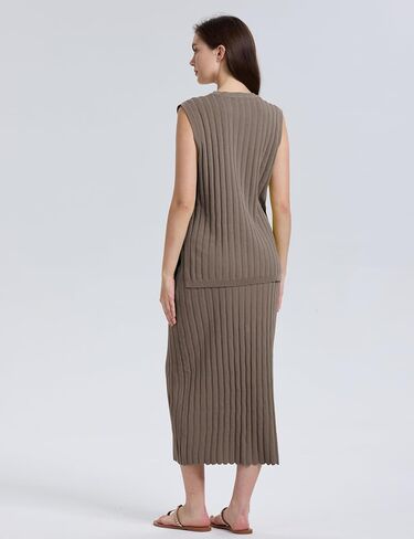 IQSQSQ Women's 2 Piece Sweater Outfits Sleeveless V Neck Knit Vest Tops High Waisted Midi Skirt(Lemonyellow-L) in Saudi Arabia