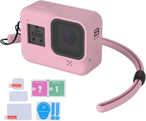 Protective Silicone Sleeve Case + Silicone Lanyard + Glass Screen and Lens Protector for GoPro Hero 8 Black (Black) in Saudi Arabia