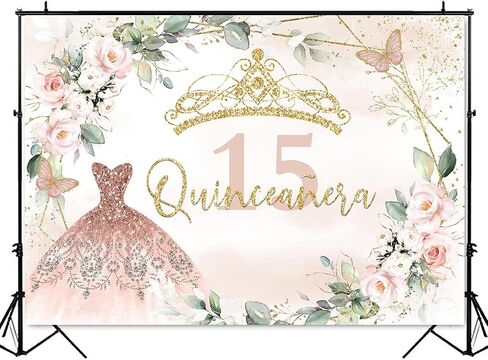 خلفية عيد ميلاد mocsicka Quinceanera للفتيات الجميلات Mis Quince Anos ديكورات حفلات عيد الميلاد الخامس عشر باللون الوردي والفضي (وردي، 7 × 5 قدم (82 × 60 بوصة)) in Saudi Arabia