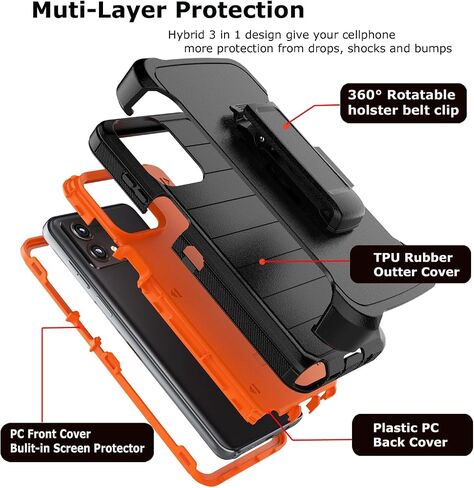 Takfox Moto G Stylus 2023 5G Case, for Motorola G Stylus 2023 5G Belt Clip Holster Phone Case [Built-in Screen Protector] Kickstand Protective Rugged Heavy Duty Shockproof Dustproof Cover-Black/Orange in Kuwait