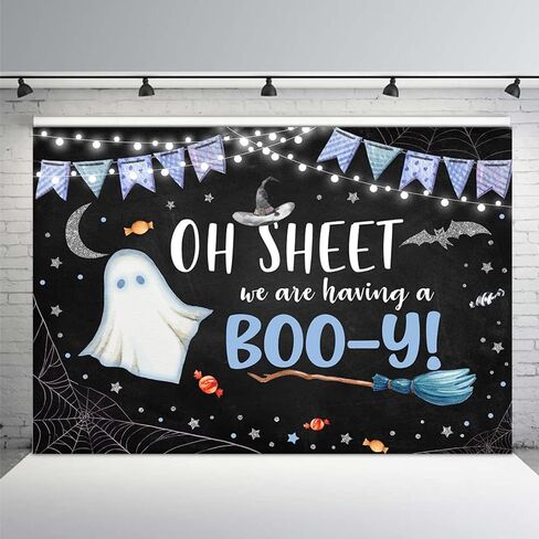 MEHOFOND Halloween Boy Baby Shower Party Backdrop، لدينا خدعة مخيفة لطيفة أو علاج للتصوير الفوتوغرافي خلفية العنكبوت على شبكة الإنترنت الخفافيش القمر كعكة الجدول الزينة Photobooth راية 7x5ft in Saudi Arabia