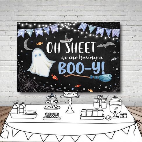 MEHOFOND Halloween Boy Baby Shower Party Backdrop، لدينا خدعة مخيفة لطيفة أو علاج للتصوير الفوتوغرافي خلفية العنكبوت على شبكة الإنترنت الخفافيش القمر كعكة الجدول الزينة Photobooth راية 7x5ft in Saudi Arabia