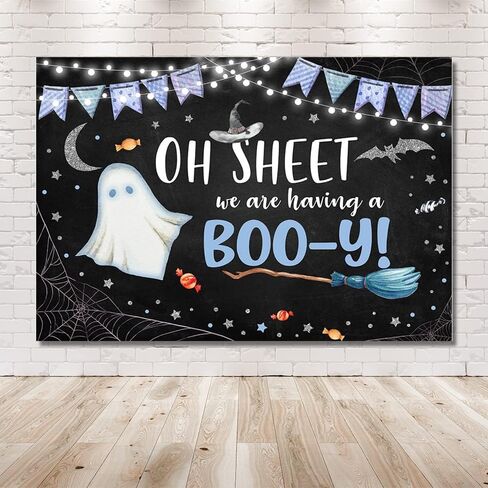 MEHOFOND Halloween Boy Baby Shower Party Backdrop، لدينا خدعة مخيفة لطيفة أو علاج للتصوير الفوتوغرافي خلفية العنكبوت على شبكة الإنترنت الخفافيش القمر كعكة الجدول الزينة Photobooth راية 7x5ft in Saudi Arabia