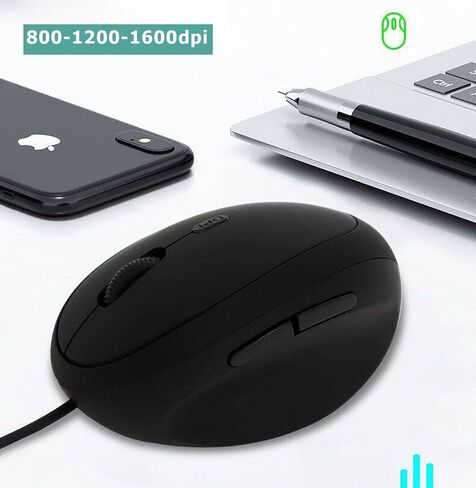 ماوس رأسي سلكي، سلك USB بصري مريح لألعاب الكمبيوتر 800-1200-1600 نقطة لكل بوصة، ماوس صامت محمول للاستخدام المكتبي للكمبيوتر المحمول (أسود) in Saudi Arabia