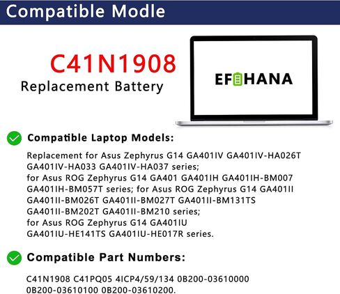 استبدال بطارية الكمبيوتر المحمول C41N1908 لجهاز Asus ROG Zephyrus G14 GA401IU GA401IH GA401IV GA401IHR GA401 GA401II GA401QC GA401QH GA401QM GA401QE Series 0B200-03610000 0B200-03610100 C41 PQ05 4ICP4/59/134 in Kuwait