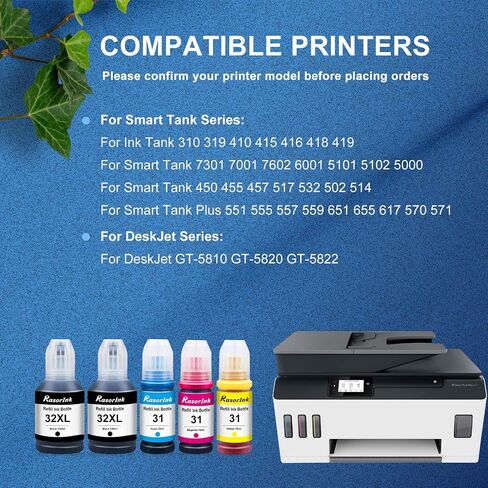 مجموعة زجاجات حبر 32XL 31 مكونة من 5 قطع بديلة لزجاجة الحبر الأسود HP 32XL المتوافقة مع HP Smart Tank 5101 5000 5102 7602 7301 7001 6001 Plus 651 551 455 457 450 خزان الحبر 310 319 410 (2BK/C/M/Y، 5 عبوات) in Saudi Arabia