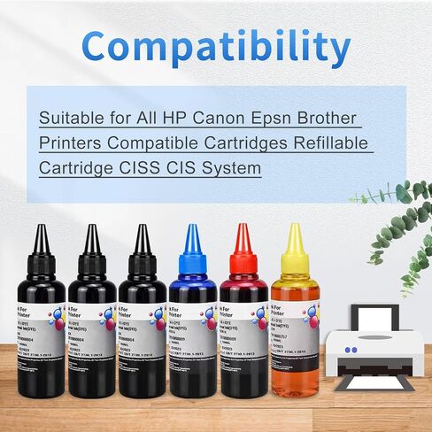 مجموعة إعادة تعبئة حبر الصبغة العالمية مكونة من 6 عبوات لجميع طابعات HP Canon Epsn Brother المتوافقة مع الخراطيش القابلة لإعادة الملء ونظام CISS CIS مع 6 محاقن (6x100ML 3BK، 1C. 1M، 1Y) in Kuwait