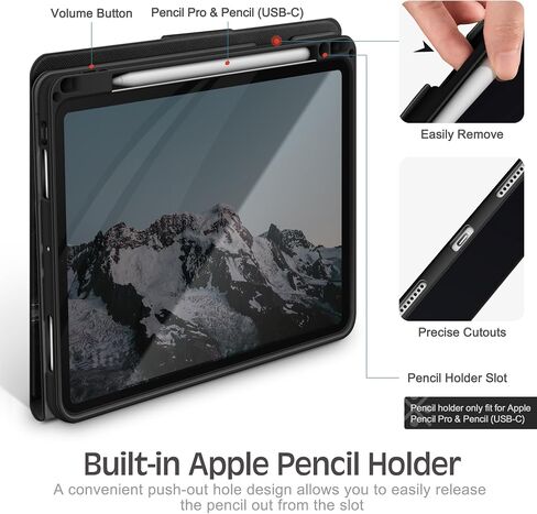 حافظة KingBlanc لجهاز iPad Pro مقاس 11 بوصة 2024 (M4، الجيل الخامس) مع حامل أقلام رصاص، غطاء واقٍ متين من جلد البولي يوريثان، نوم/تنبيه تلقائي، يدعم قلم الرصاص Pro/Pencil (USB-C)، زاوية العرض/الكتابة، أسود in Kuwait