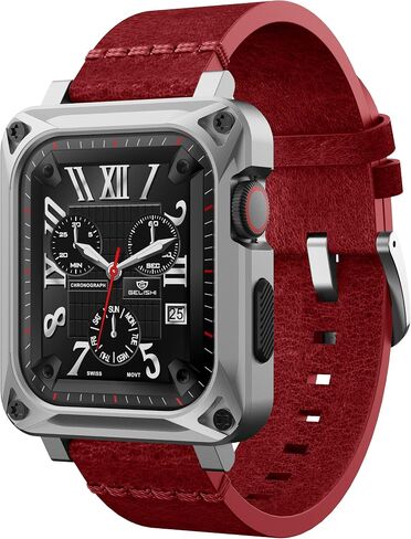 GELISHI Compatible with Apple Watch Case 44mm 45mm Men, Metal Rugged Case Bumper Full Protective Cover with Leather Band Replacement Strap for Watch Series 7 Series 6 SE 5 4 in Saudi Arabia