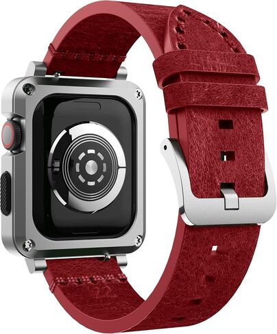 GELISHI Compatible with Apple Watch Case 44mm 45mm Men, Metal Rugged Case Bumper Full Protective Cover with Leather Band Replacement Strap for Watch Series 7 Series 6 SE 5 4 in Saudi Arabia
