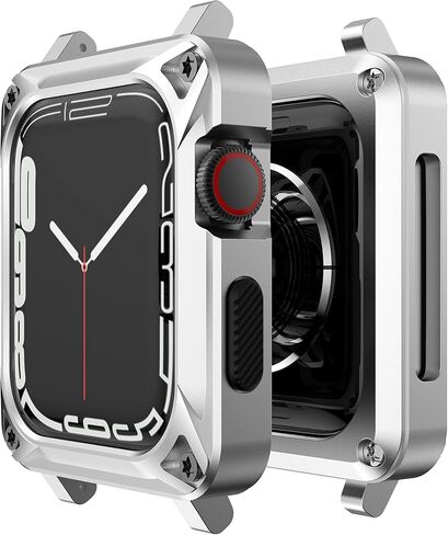 GELISHI Compatible with Apple Watch Case 44mm 45mm Men, Metal Rugged Case Bumper Full Protective Cover with Leather Band Replacement Strap for Watch Series 7 Series 6 SE 5 4 in Saudi Arabia