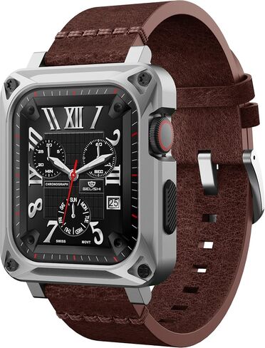 GELISHI Compatible with Apple Watch Case 44mm 45mm Men, Metal Rugged Case Bumper Full Protective Cover with Leather Band Replacement Strap for Watch Series 7 Series 6 SE 5 4 in Saudi Arabia