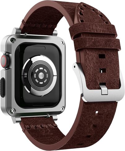 GELISHI Compatible with Apple Watch Case 44mm 45mm Men, Metal Rugged Case Bumper Full Protective Cover with Leather Band Replacement Strap for Watch Series 7 Series 6 SE 5 4 in Saudi Arabia