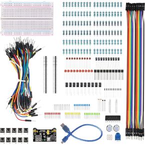 Electronics Component Fun Kit w/Power Supply Module, Jumper Wire Kit, 400 tie-Points Breadboard, Precision Potentiometer, LEDs & Resisitor Kit for ESP32/ESP8266