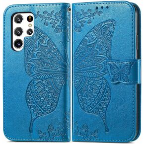 MEUPZZK Samsung Galaxy S22 Ultra Wallet Case, Embossed Butterfly Flower Premium PU Leather [Kickstand] [Card Slots] [Wrist Strap] [6.8 inch] Phone Cover for Samsung S22 Ultra (A-Rose)