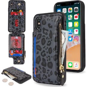 Cavor for iPhone X iPhone Xs Case with Card Holder,iPhone X Wallet Case for Women Men,Phone Case iPhone Xs Case with Wallet,Leather Magnetic Clasp Zipper Pocket Card Slots Cover-Black