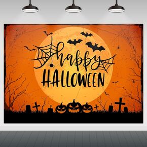 Mocsicka Happy Halloween Backdrop Orange Night Moon Graveyard Background Spooky Pumpkin Spider Web Halloween Party Cake Table Decoration Banner Photo Booth Props (7x5ft)